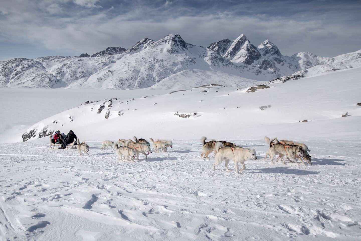 A dog sled going uphill outside Tasiilaq in East Greenland