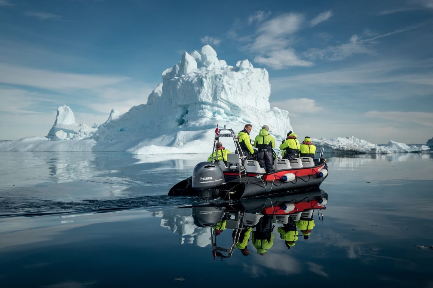 Clear reflections from an MS Fram ice cruise boat in the Disko Bay in Greenland