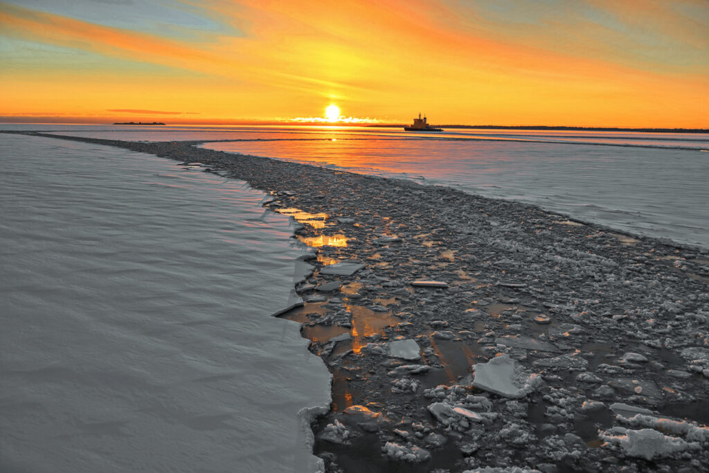 Sunset view from ice breaker ship, in Lulea, Sweden