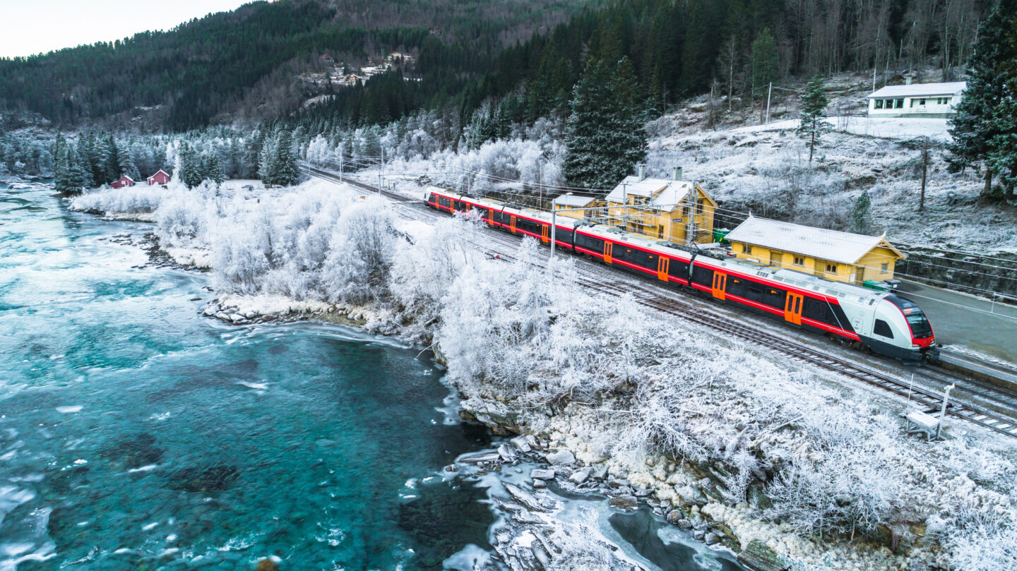 Train Oslo - Bergen in mountains. Hordaland, Norway.