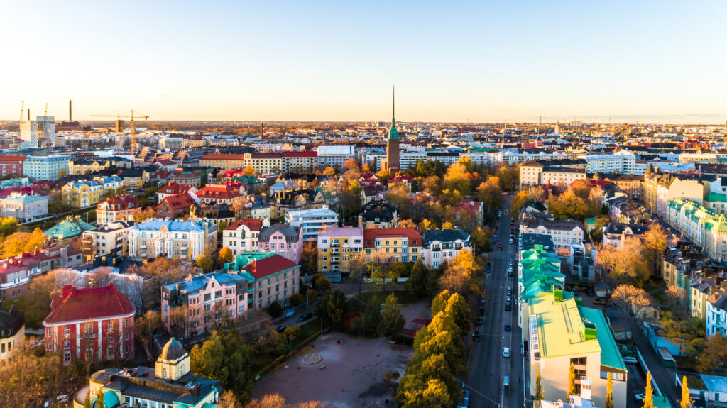 Aerial view of Helsinki city.sky and clouds and colorful buildings. Helsinki, Finland.
