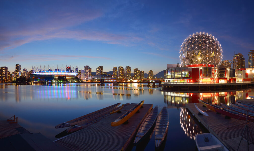 Vancouver Science World and BC Stadium at night