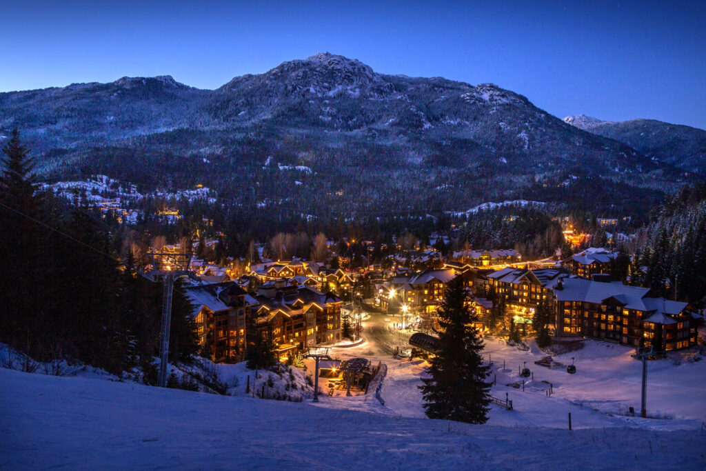 Scenic of Whistler Creekside village in winter.