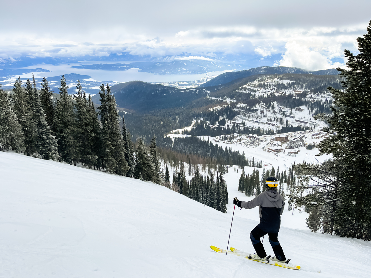 Alpine Downhill Skiing. Ski portrait of a man alpine skier on a cold day on a steep snowy trail next to snow covered trees with a valley view. Red Mountain, BC.
